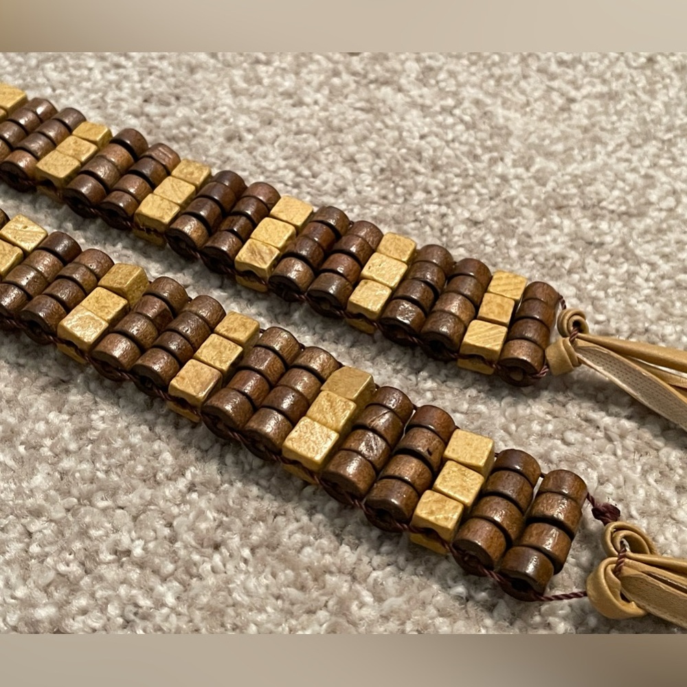 Brown and Tan Wood Beaded Belt with Tassels – 31” Length